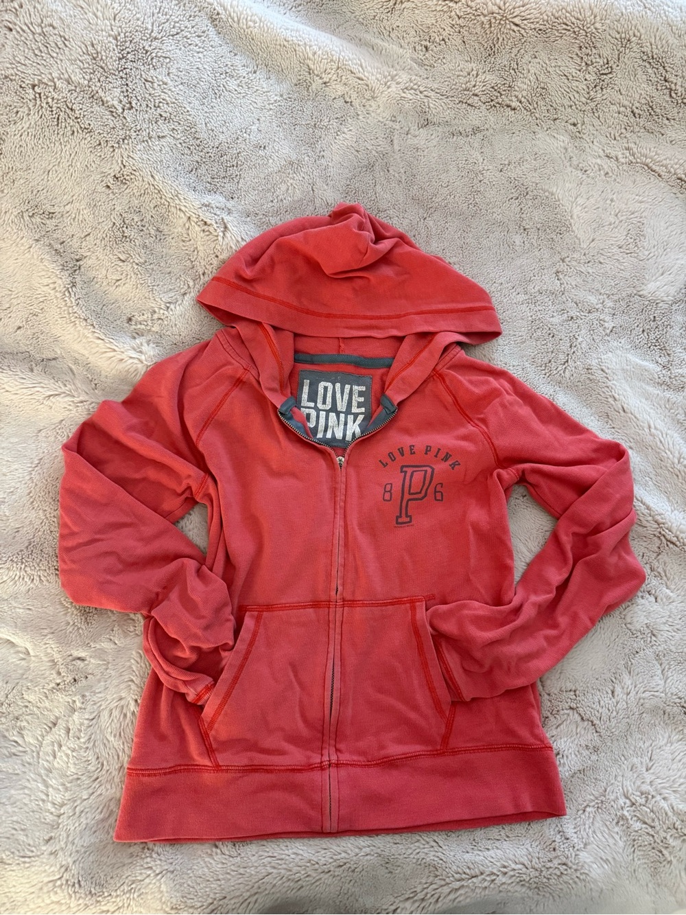 PINK Victoria's Secret Coral Zip Hoodie with Front Pocket (zipper tab broke off)